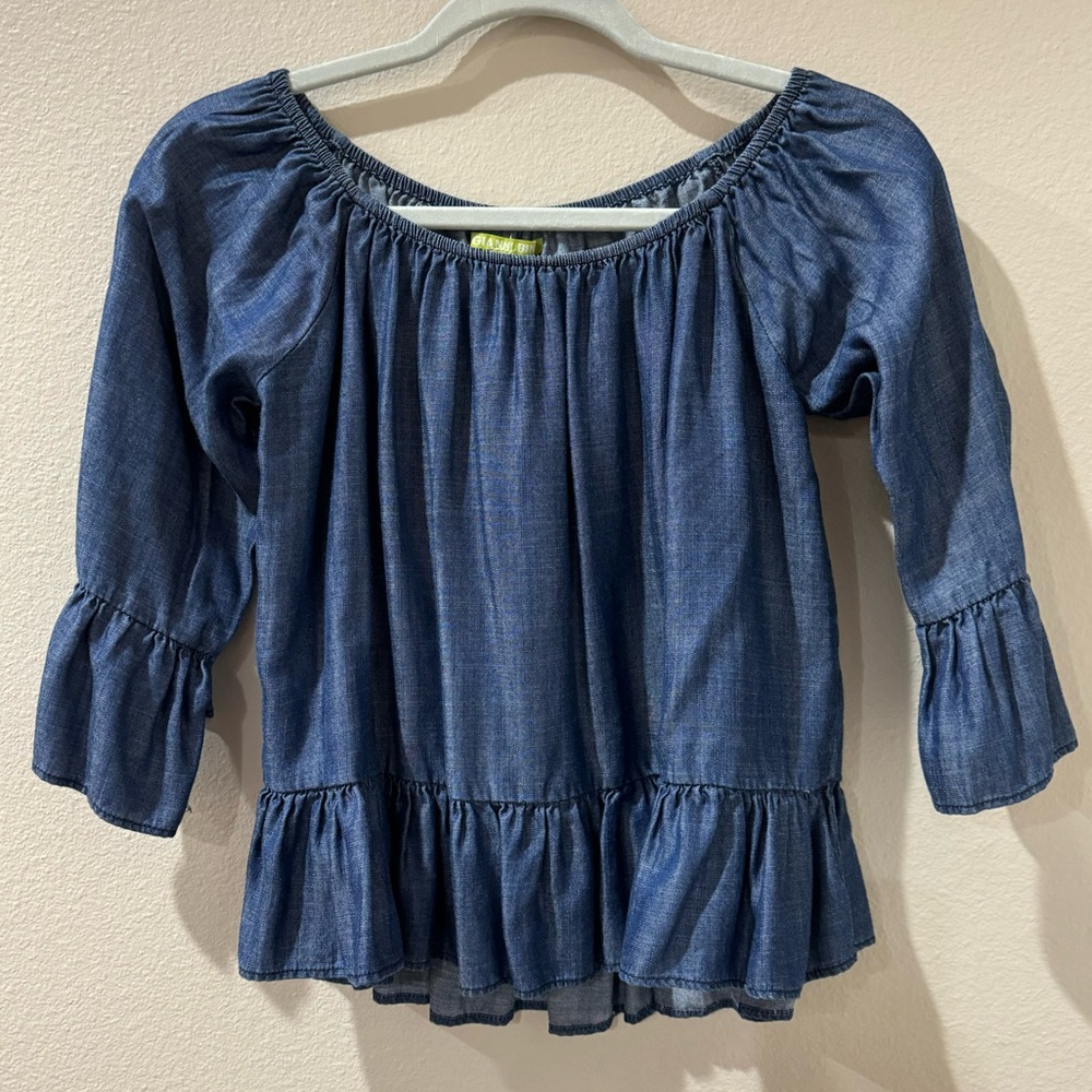🎉Gianni Bini Denim Off The Shoulder 3/4 Sleeves w Ruffled Hem & Sleeves Size M